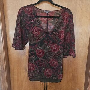 Apt. 9 Black Sheer Paisley V-Neck Tunic with Burgundy Accents